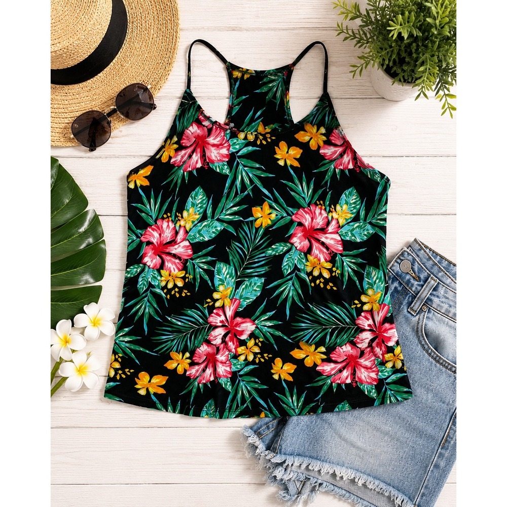 Tropical Floral Tank cami  Top Women's Small Black Racerback‎ Beach Resort